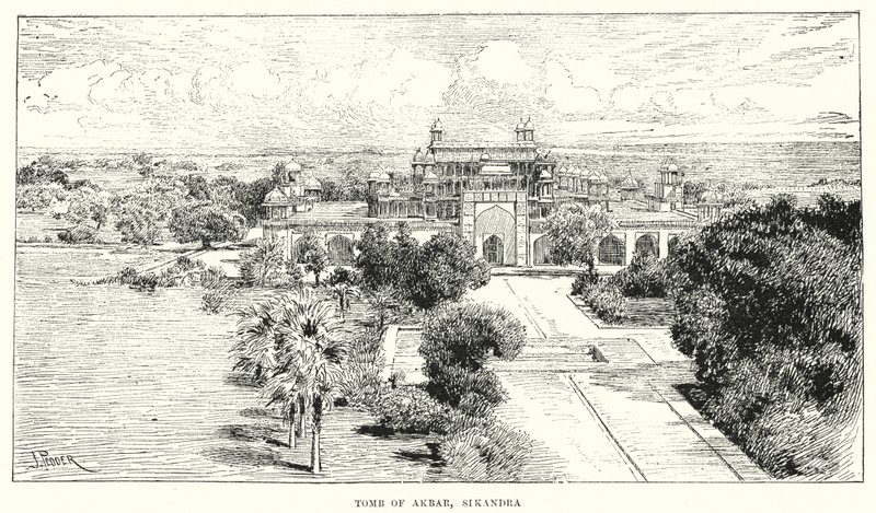 Índia: Túmulo de Akbar, Sikandra (gravura) de English School