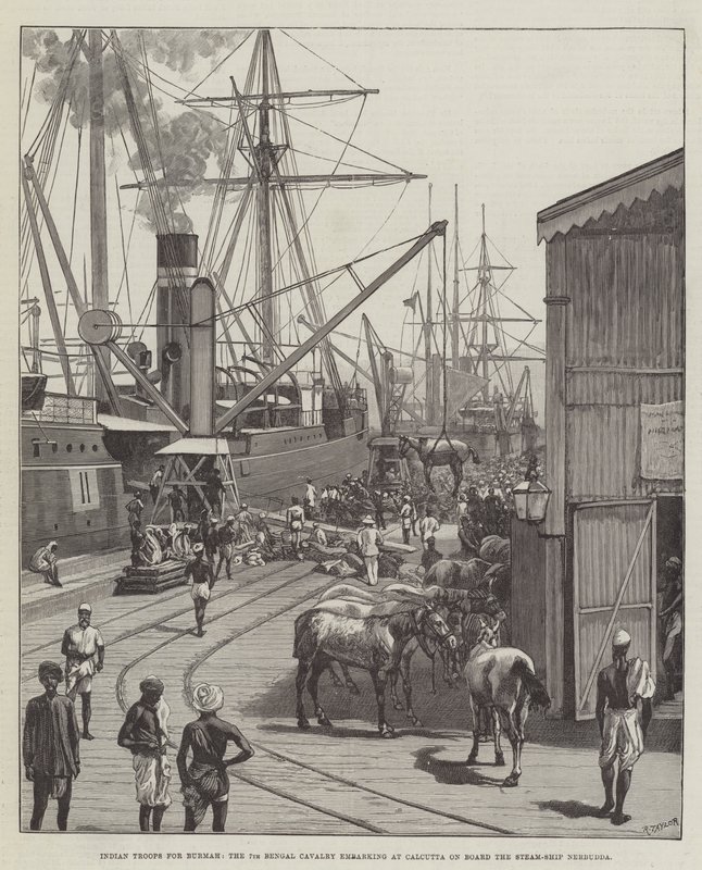 Tropas indianas para Burmah, a 7ª Cavalaria de Bengala embarcando em Calcutá a bordo do navio a vapor Nerbudda (gravura) de English School