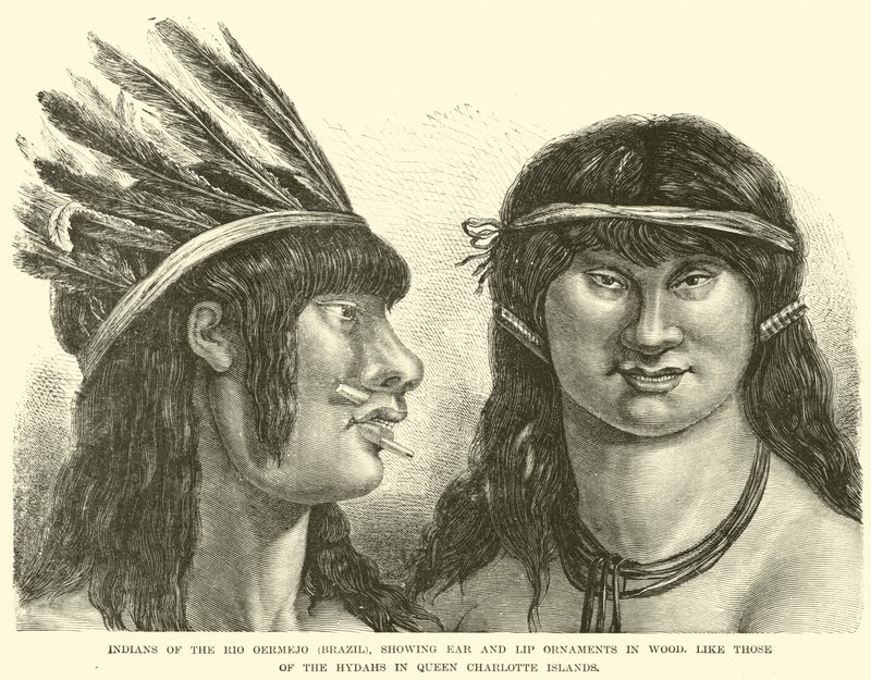 Índios do Rio Oermejo (Brasil), mostrando ornamentos de orelha e lábio em madeira, como os dos Hydahs nas Ilhas da Rainha Charlotte de English School