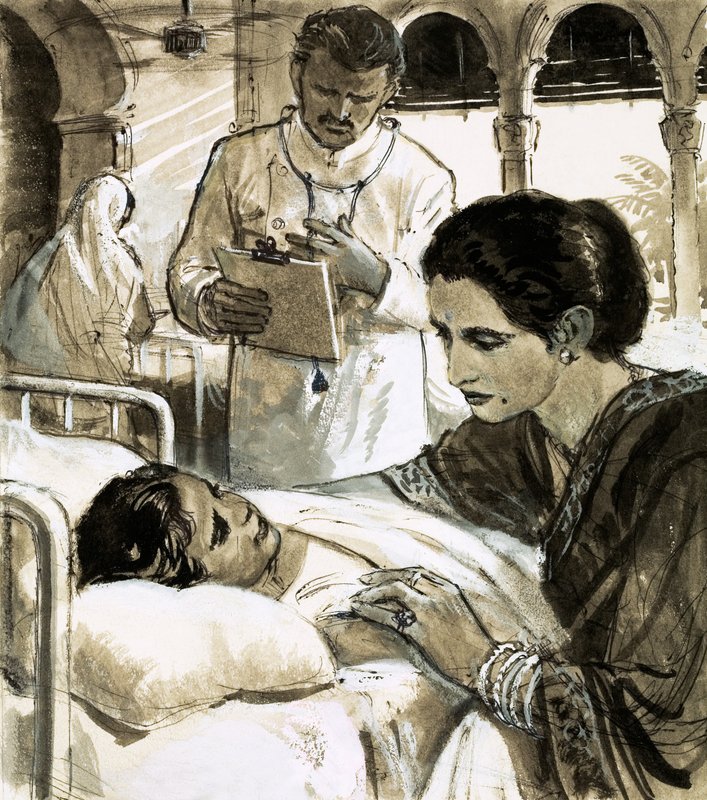 Indira Gandhi cuidando de uma criança no hospital de English School