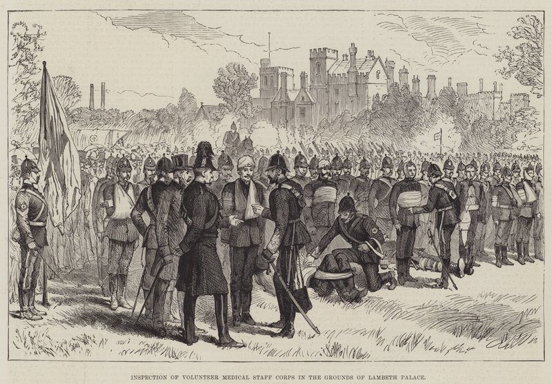 Inspeção do Corpo de Pessoal Médico Voluntário no Palácio de Lambeth (gravura) de English School
