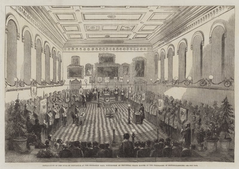 Instalação do Duque de Newcastle na Sala da Mecânica de Nottingham como Grande Mestre Provincial dos Maçons de Nottinghamshire (gravura) de English School