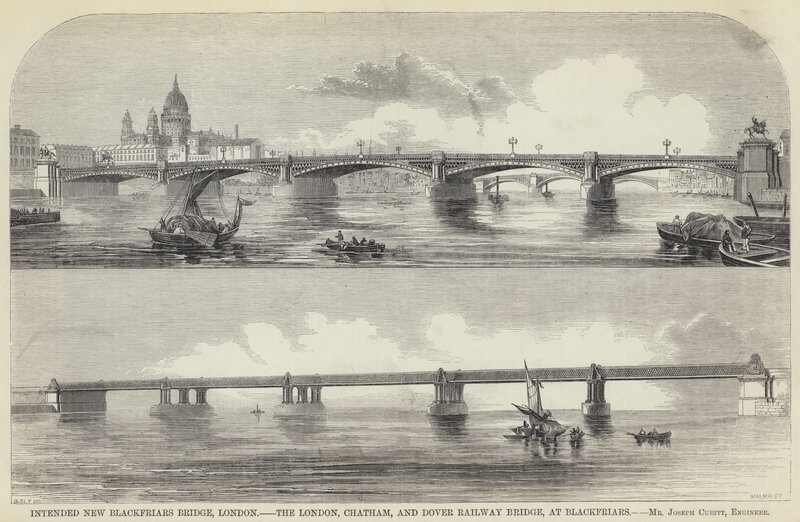 Ponte Nova Blackfriars prevista, Londres, a ponte ferroviária de Londres, Chatham e Dover, em Blackfriars (gravura) de English School