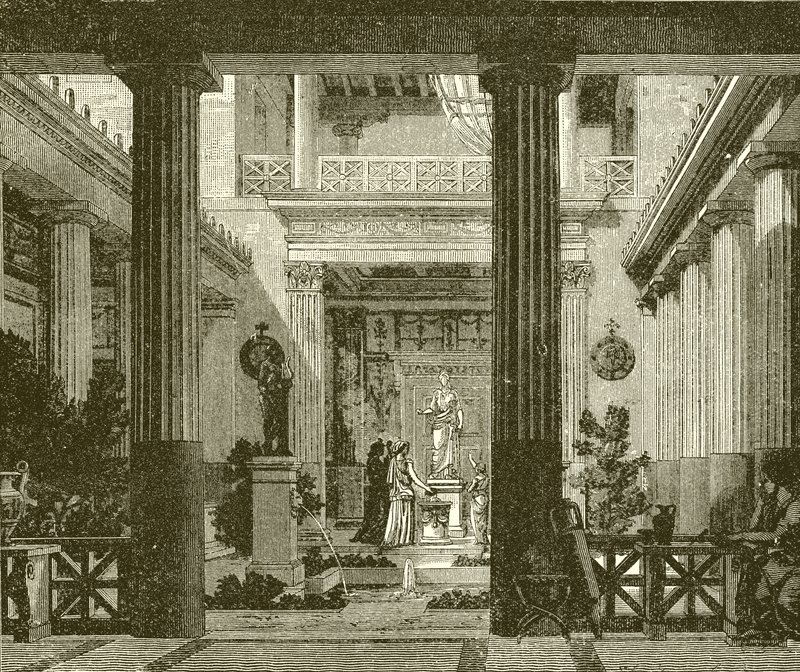 Tribunal interior de uma casa grega com uma estátua da deusa Hestia de English School