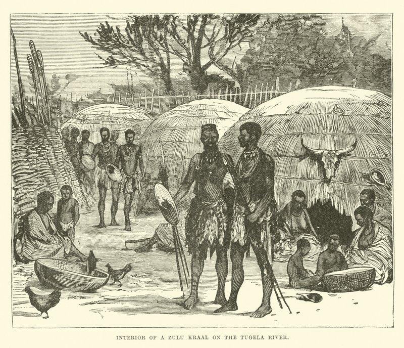 Interior, de, um, zulu kraal, ligado, a, rio tugela de English School