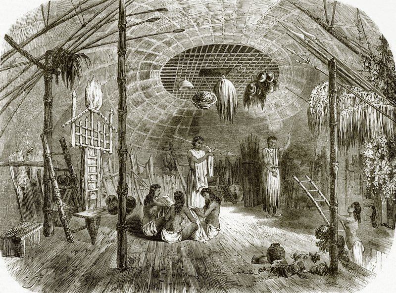 Interior de uma cabana na ilha de Kar-Nikobar de English School