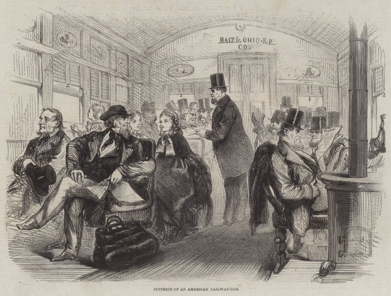 Interior de um carro ferroviário americano (gravura) de English School
