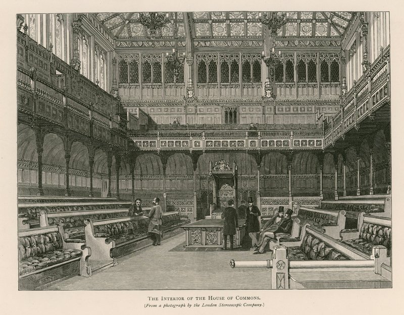Interior da Câmara dos Comuns, Westminster, Londres de English School