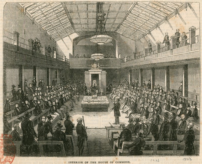 Interior da Câmara dos Comuns, Westminster, Londres de English School
