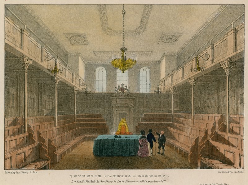 Interior da Câmara dos Comuns, Westminster, Londres de English School