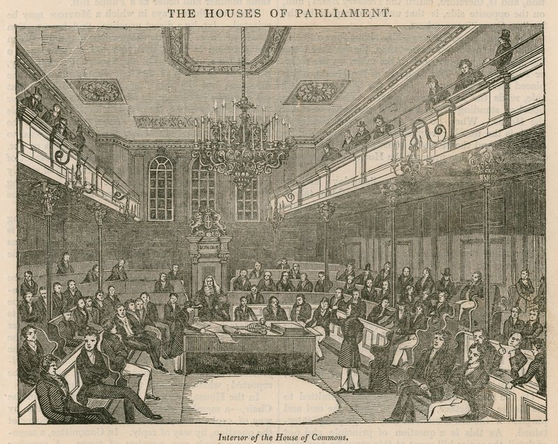 Interior da Câmara dos Comuns, Westminster, Londres de English School