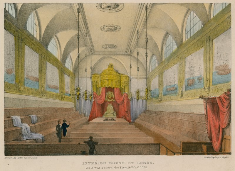 Interior da Câmara dos Lordes como era antes do incêndio, 16 de outubro de 1834 de English School
