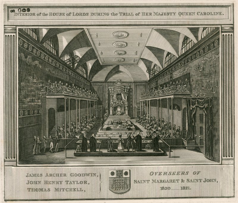 Interior da Câmara dos Lordes durante o julgamento de Sua Majestade a Rainha Caroline de English School