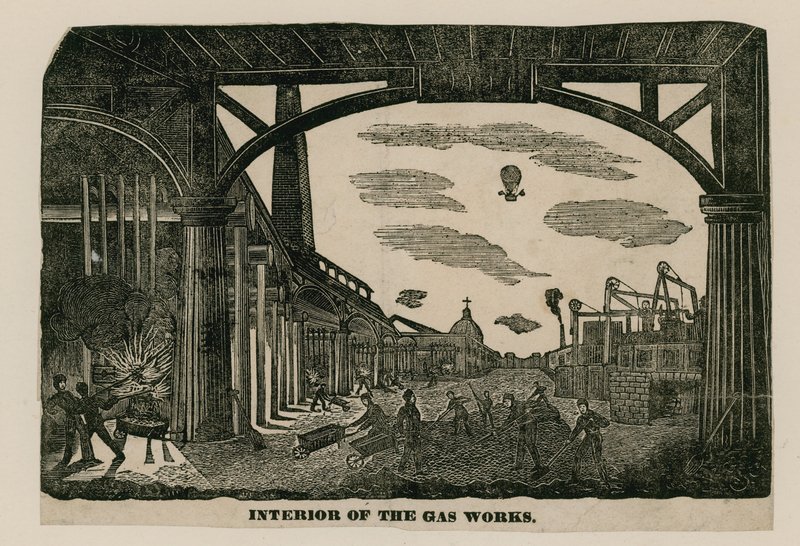 Interior das obras de gás, Brick Lane, Spitalfields, Londres, por volta de 1820 de English School