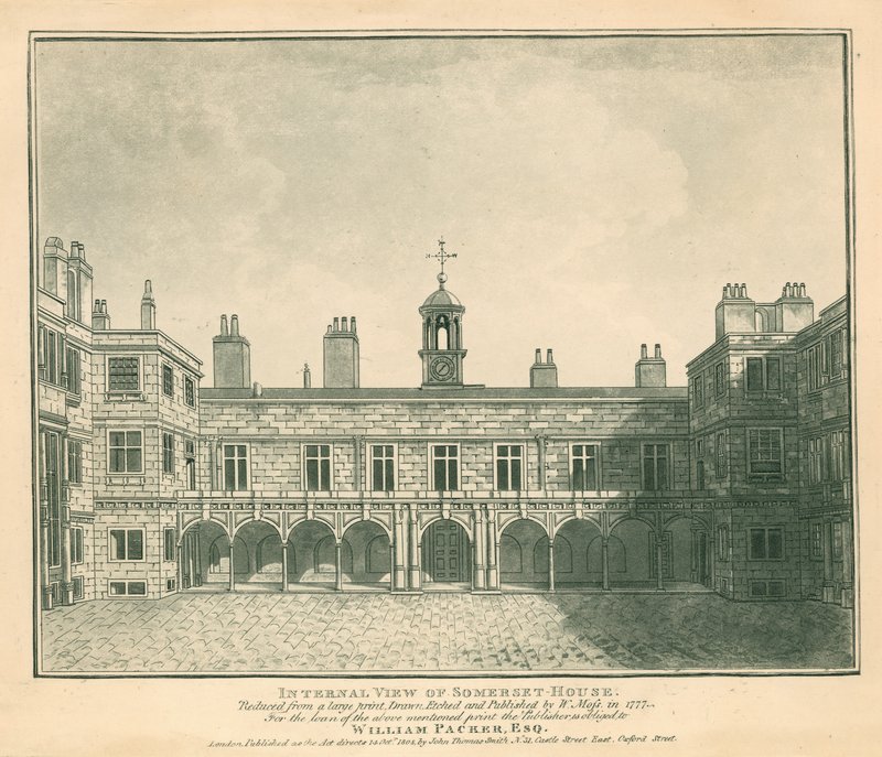 Vista interna Somerset House, The Strand, Londres; baseado em uma gravura desenhada por W Moss em 1777 de English School