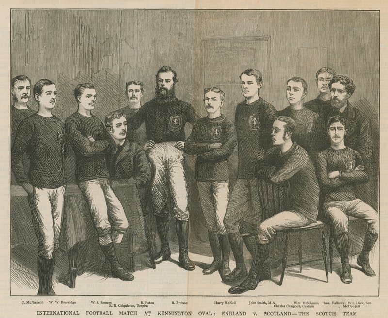 Jogo de futebol internacional no Kennington Oval; Inglaterra contra a Escócia, a equipe escocesa de English School