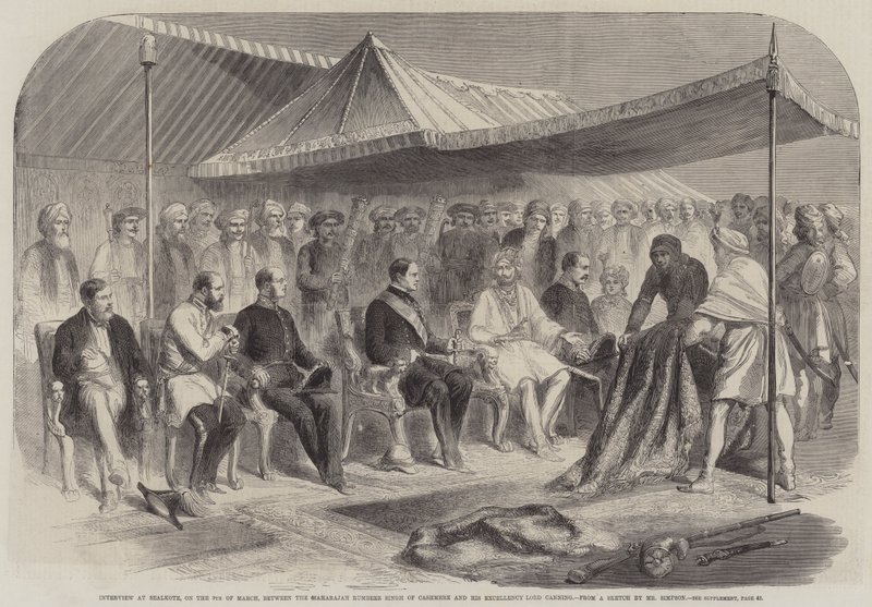 Entrevista na Sealkote, no dia 9 de Março, entre o Maharajah Rumbeer Singh de Cashmere e Sua Excelência o Senhor Canning (gravura) de English School