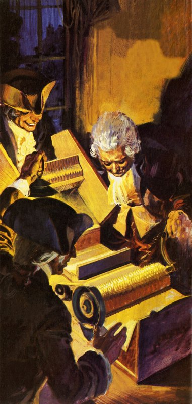 Intrusos examinando o descaroçador de algodão de Eli Whitney de English School
