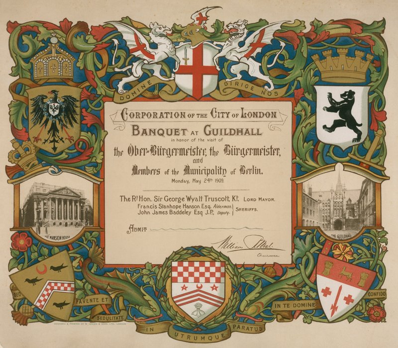 Convite da Corporação de Londres para um banquete em Guildhall, 24 de maio de 1909 de English School