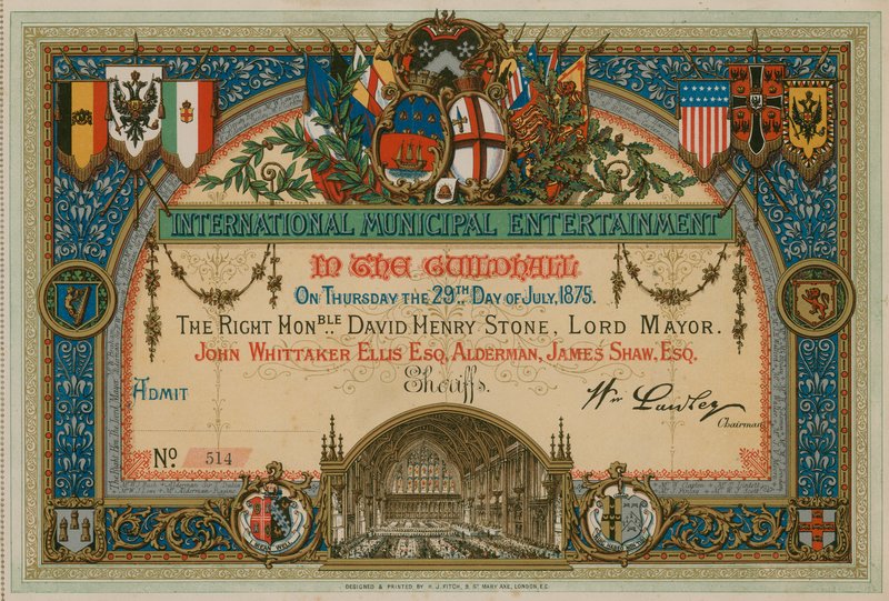 Convite para a International Municipal Entertainment no Guildhall, Londres, em 29 de julho de 1875 de English School