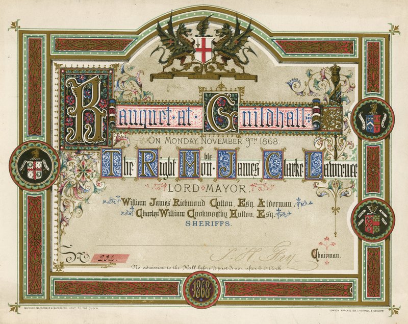Convite para um banquete no Guildhall, Londres, em 9 de novembro de 1868 de English School