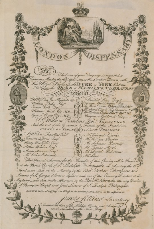 Convite para um jantar realizado pelo London Dispensary na London Tavern, 16 de abril de 1804 de English School