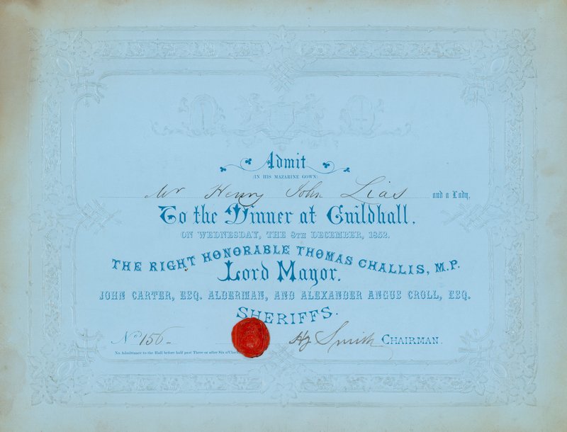Convite para jantar no Guildhall, Londres, em 8 de dezembro de 1852 de English School