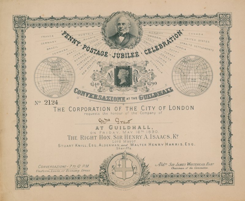 Convite para a celebração do jubileu do porte postal da moeda de um centavo de English School