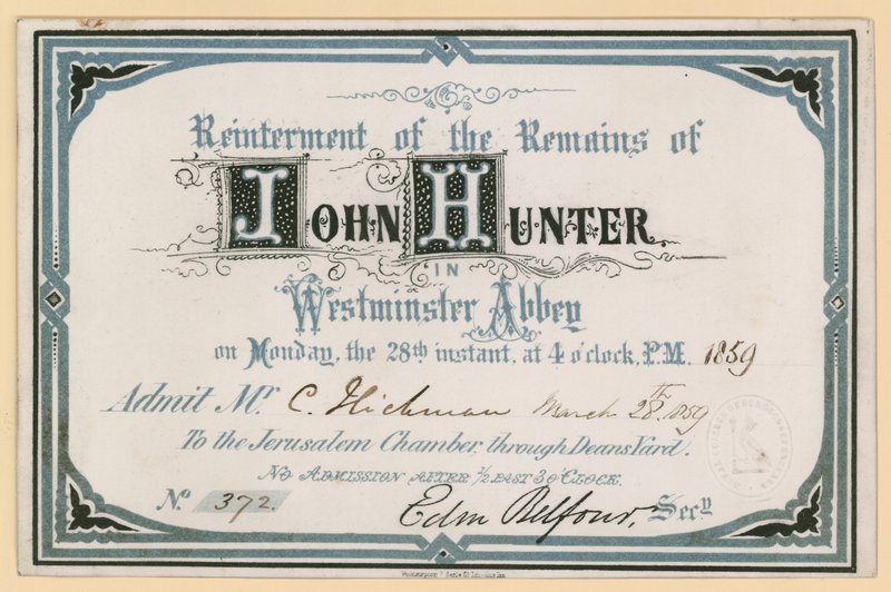 Convite para o Reinterment de John Hunters permanece na Abadia de Westminster, Londres, 28 de março de 1859 de English School
