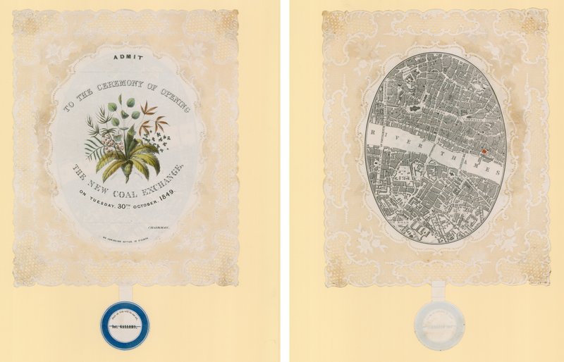 Convite para a cerimônia de abertura da New Coal Exchange, 30 de outubro de 1849, frente e verso de English School