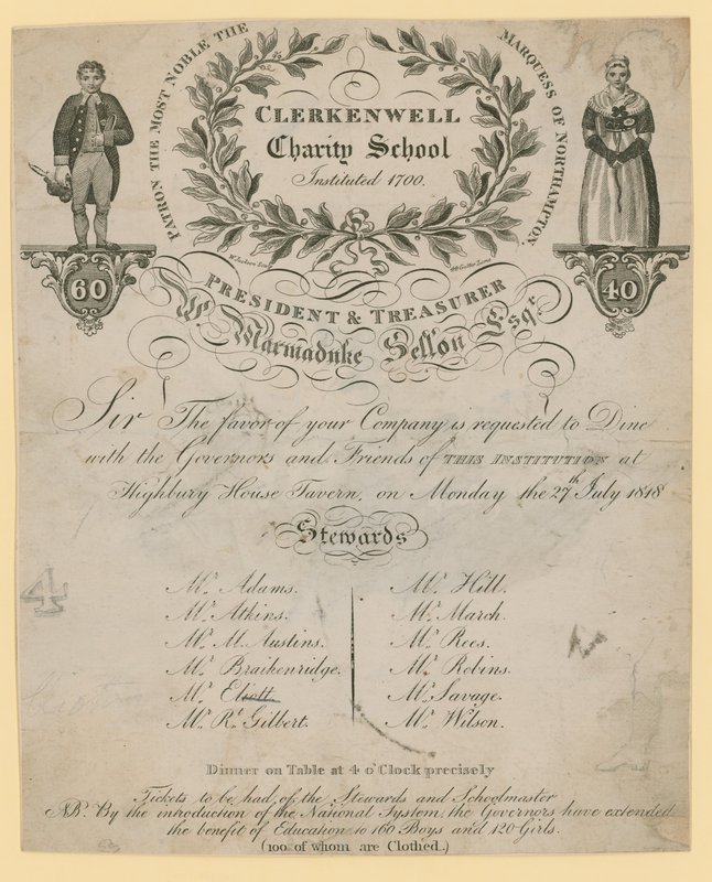 Convite para o jantar da Escola de Caridade Clerkenwell de English School