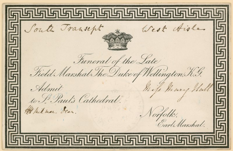 Convite para o funeral de Arthur Wellesley, o Duque de Wellington, na Catedral de St Pauls de English School