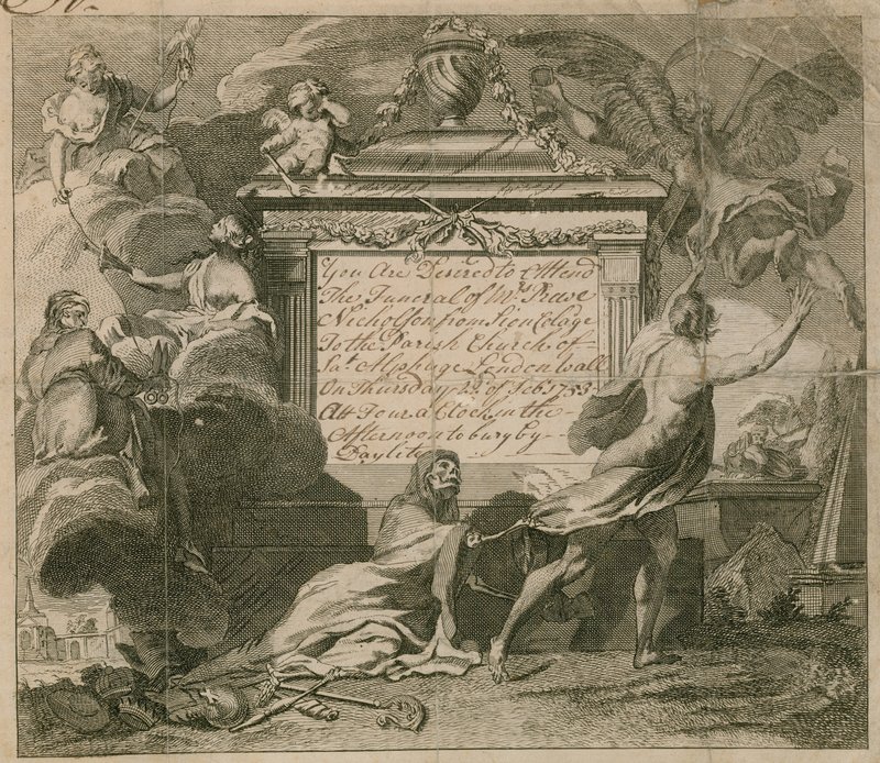 Convite para o funeral do Sr. Nicholson em St Alphage, London Wall, em 1753 de English School
