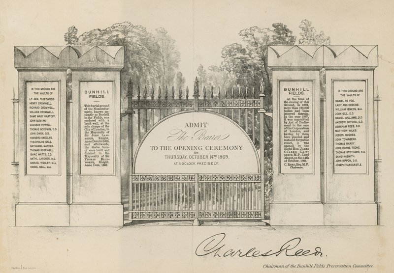 Convite para a abertura do cemitério de Bunhill Fields de English School