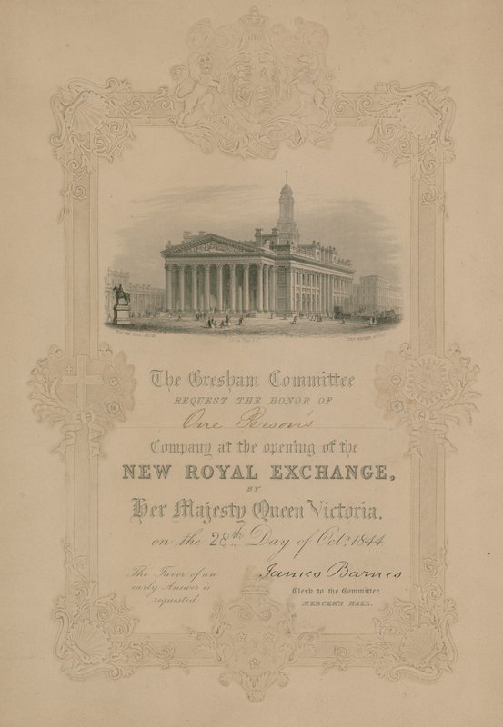 Convite para a abertura do novo Royal Exchange, Londres, por Sua Majestade a Rainha Vitória em 28 de outubro de 1844 de English School