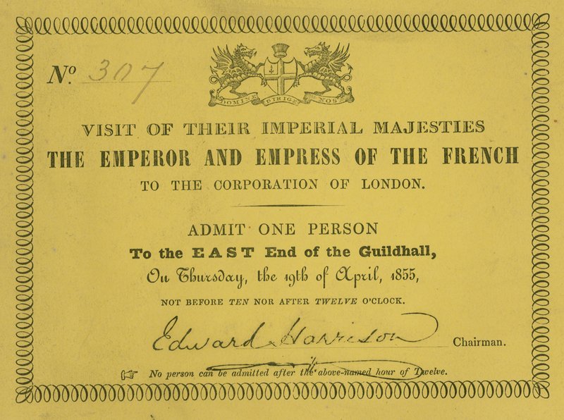 Convite para a visita de suas Majestades Imperiais, o Imperador e a Imperatriz dos Franceses, no Guildhall, Londres, em 19 de abril de 1855 de English School