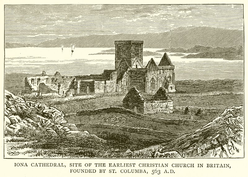 Catedral de Iona, local da primeira igreja cristã na Grã-Bretanha, fundada por São Columba, 563 dC de English School