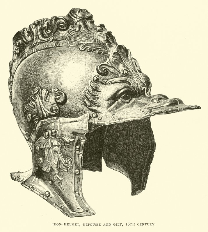 Capacete de ferro, repuxa e dourada, século XVI de English School