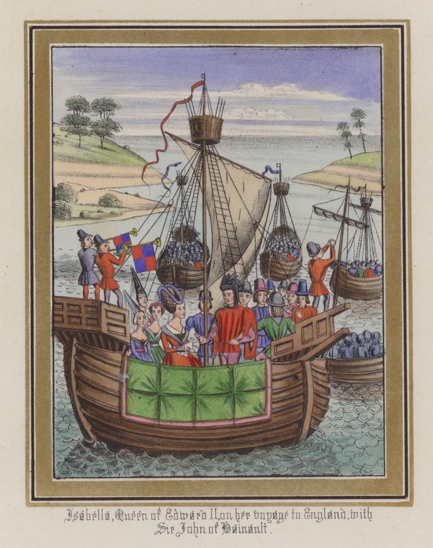 Isabel, Rainha de Eduardo II, em sua viagem à Inglaterra, com Sir John De Hainault (gravura colorida) de English School