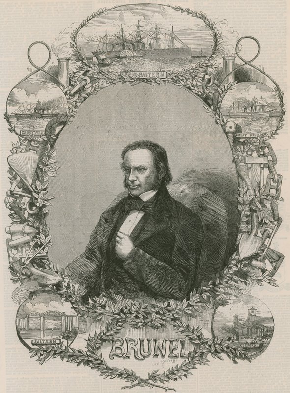 Isambard Kingdom Brunel cercado por algumas de suas conquistas de English School