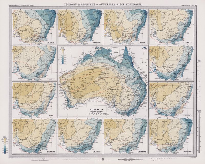 Isobares e isoietas, Austrália e Sudeste da Austrália (litografia a cores) de English School