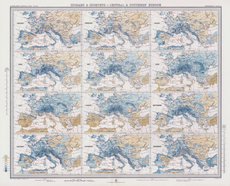 Isobars e Isohyets, Europa Central e do Sul (cor litho) de English School