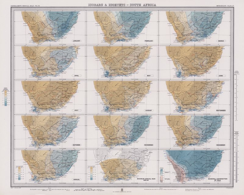Isobares e isoietas, África do Sul (litografia a cores) de English School