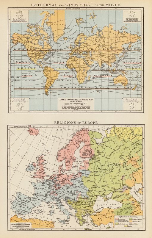 Carta das Isotérmicas e dos Ventos do Mundo; Religiões da Europa (litografia a cores) de English School