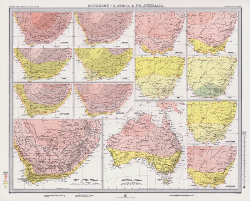 Isotermas, África do Sul e Sudeste da Austrália (cor litho) de English School