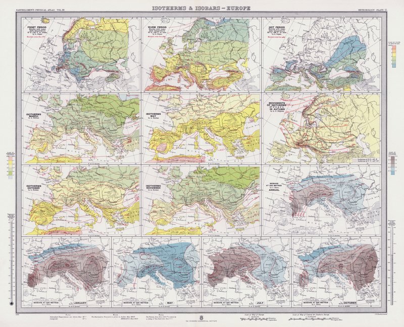 Isotérmicas e isóbaros, Europa (litografia a cores) de English School