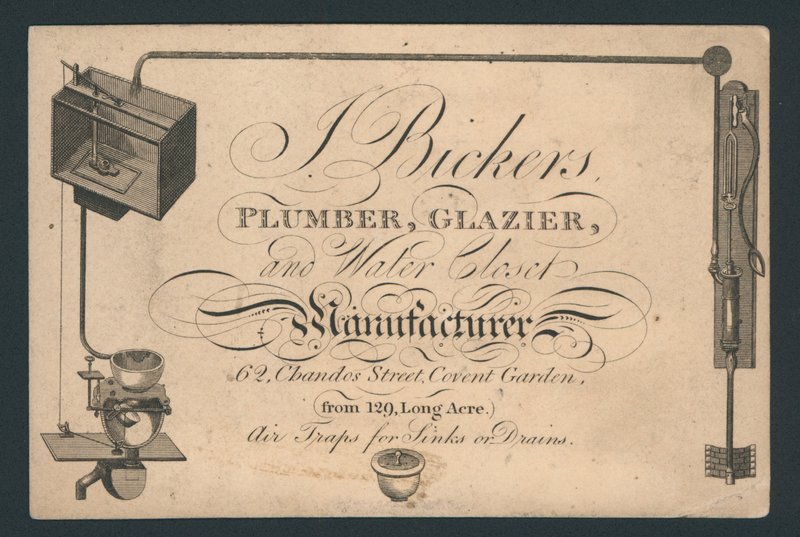 J Bickers, encanador, vidraceiro e fabricante de armário de água, 62 Chandos Street, Covent Garden, cartão de comércio de English School