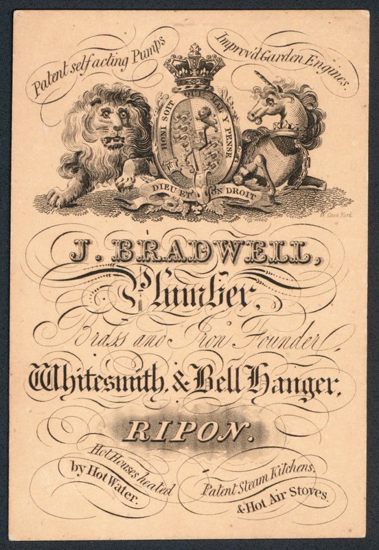 J Bradwell, encanador, fundador de bronze e ferro, whitesmith e gancho de sino, cartão de comércio de English School