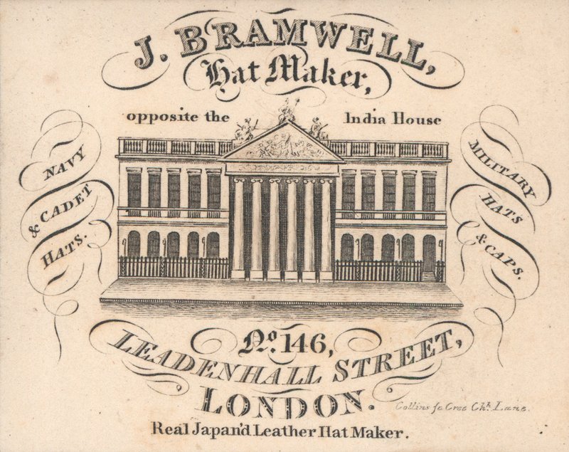 J Branwell, fabricante de chapéus, 146 Leadenhall Street, cartão comercial de English School