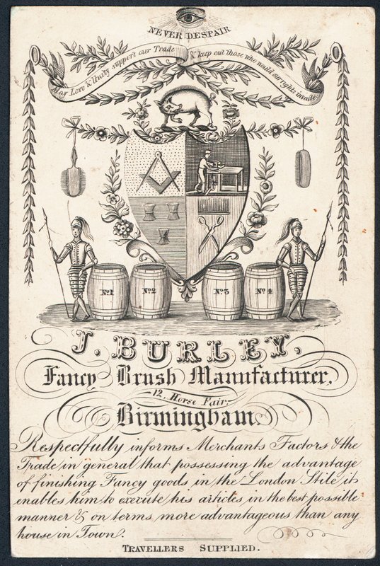 J Burley, fabricante de escova extravagante, cartão de comércio de English School